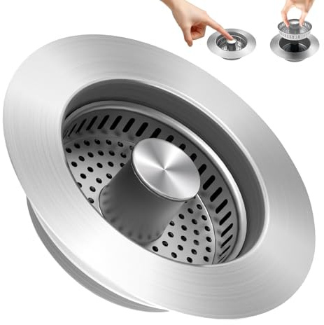 3 in 1 Kitchen Sink Drain Strainer Sink Stopper, Stainless Steel Sink Drain Strainer with Anti-Clogging Basket, Kitchen Sink Drain Filter Plug for US Standard 3-1/2 Inch Drain (1pack)