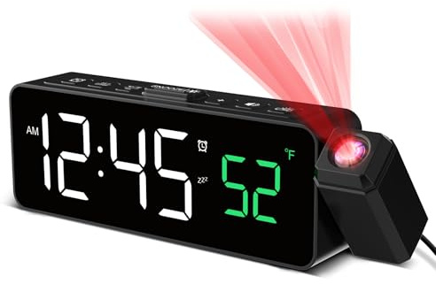 Netzu Projection Alarm Clocks for Bedrooms, Digital Clock with Temperature, 180° Projector, 4 Dimmer, 3-level Volume, Snooze, 12/24H, Plug In Alarm Clock Bedside Projector on Ceiling Wall