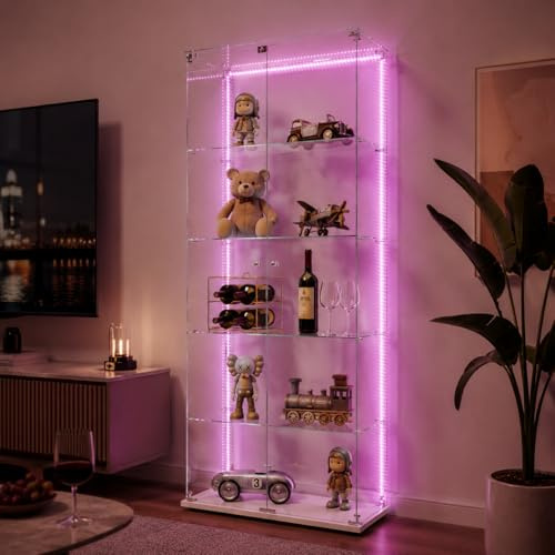 Glasvitrine Standvitrine mit Led,Glasvitrine Stehend,5 Lagen Glas Holz Glas Vitrine Vitrinenschrank 2 TüR und Schloss Vitrine Glasschrank Display Cabinet Sammlervitrine (5 Etagen,2 Türen+LED-1, weiß)