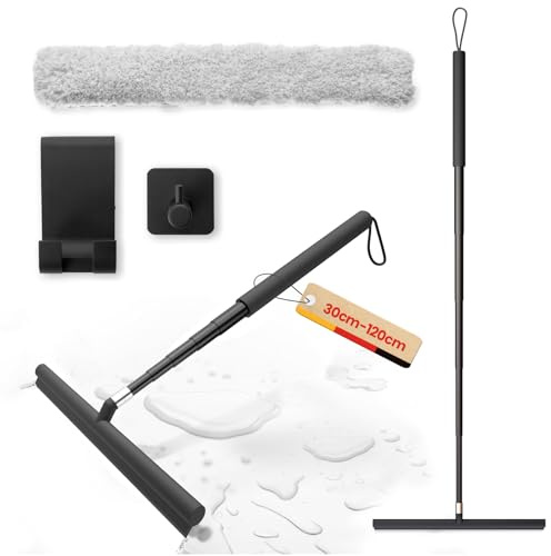 Mannicix Duschabzieher Langer Stiel, Ausziehbarer Duschabzieher Schwarz | 30-120cm Verstellbarer Wasserschieber Silikon Bodenabzieher mit Halterung für Wasser, Haaren, Glasabzieher, Fenster, Spiegel