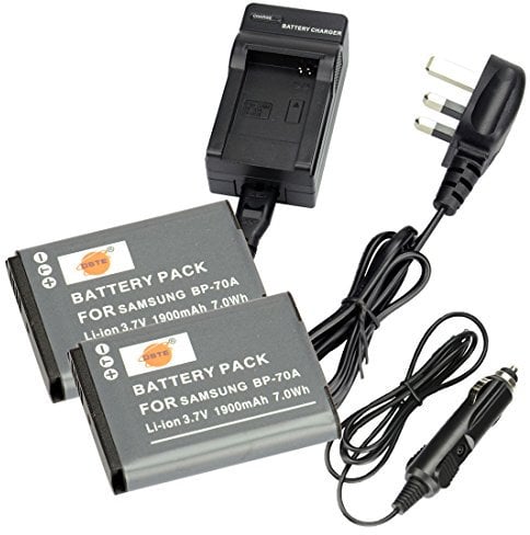 DSTE 2x BP70A Rechargeable Li-ion Battery + DC97U Travel and Car Charger Compatible with Samsung ST700 SL605 TL105 TL110 TL205 WB50F WP10 AQ100 DV150F ES80 MV800 PL200 PL201 Camera as BP-70A EA-BP70A