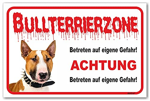 AdriLeo Schild - Vorsicht Bullterrier - Zone - (20x30cm) / Hellbraun/weiß - Achtung Hund Wachhund robust langlebig UV-beständig wetterfestes Warnschild