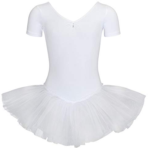 tanzmuster ® Ballettkleid Mädchen Tutu - Nele- aus weichem Baumwollstoff mit Glitzersteinen fürs Kinder Ballett Ballettbody Ballett Trikot, Weiß 152-158