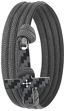 Lion & Son Herren Kreuz-Armband mit Carbon-Anhänger - Herren Paracord Kette Kohlenstoff - Handmade Wickelarmband - Männer-Armband Grau Geschenk Damen-schmuck Geburtstag für Ihn (Grey-Cross)