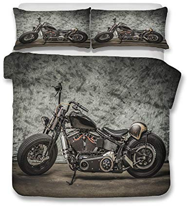 Morbuy Bettbezug Bettwäsche Set, 3D Motorrad Drucken Bettwäsche-Set Mikrofaser Weiche mit Reißverschluss Bettbezug und Kissenbezüge für Junge (135x200cm -2pcs,Retro modern)