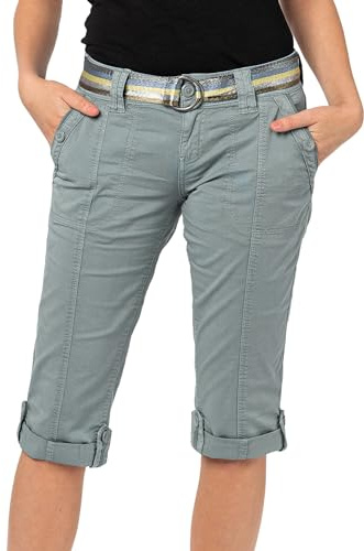 FRESH MADE Damen Capri-Hose 3/4-Shorts mit Metallic Gürtel Blue L