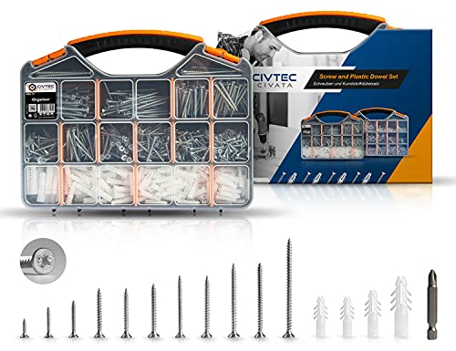 1022Pcs Schrauben Dübel Set - M3.5, M4, M5 + M6, M7, M8, M10 Dübel + Pozidriv Bit, Schrauben Dübel Set für verwendung in verschiedenen Bereichen - Sortiement kit - Holzschrauben Din 7505
