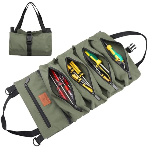 Wessleco Werkzeug-Rolltasche, Schraubenschlüssel, aufrollbare Tasche, Mehrzweck-473 ml, Segeltuch-Werkzeug-Organizer, 5 Reißverschluss-Werkzeugtaschen, Elektriker, Werkzeugrollen-Organizer (grün)