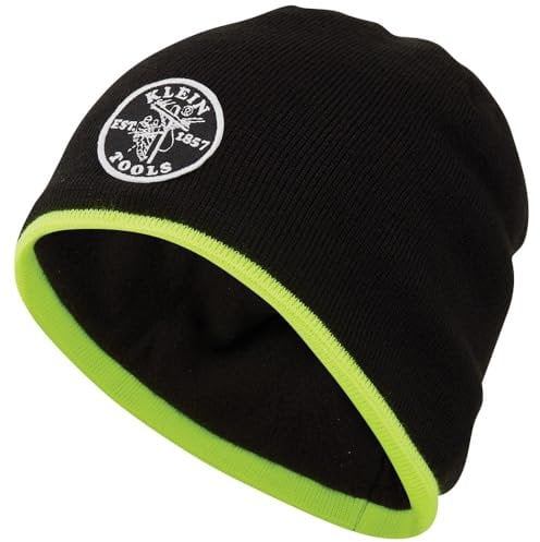 KLEIN TOOLS 60391 Strickmütze Thermo Fleece Wintermütze, Winddicht, passt unter Helme, schwarz mit gut sichtbarem gelbem Bandbesatz