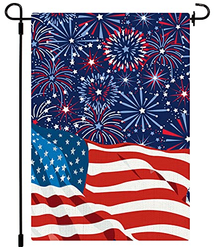 Whaline 4. Juli Gartenflagge patriotische amerikanische Flagge Feuerwerk Hofflagge doppelseitig rot blau weiß Urlaub Outdoor Flagge für Unabhängigkeit Tag Rasen Terrasse Dekoration 31,5 x 45,7 cm