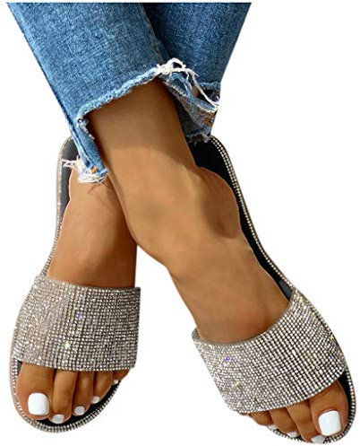 BIBOKAOKE Sandalen Damen Sommer Flache Sandalen Strass Sandaletten Römische Schuhe Elegante Glitzer Hausschuh Slipper Sandals Flip Flops Leicht Bequem Slippers Sommerschuhe Freizeitschuhe