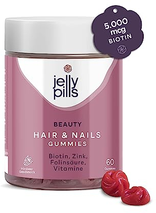 Jelly Pills® Gominolas para el Pelo con Biotina 5000 mcg, Ácido Fólico y 7 Vitaminas - Sin Azúcares Añadidos - 60 Gummies Veganas sabor Frambuesa para el Crecimiento del Cabello y Previene la caída
