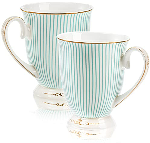 Dicunoy 2 Pack Bone China Mugs, 300ml Fine China Coffee Tea Cups with Gold Trim, Thin Vintage Cup with Pedestal for Valentine's Day, Mother's Day, Birthday
