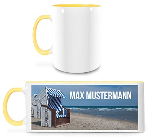 Manutextur Tasse mit Namen - personalisiert - Motiv Strandkorb - viele Farben & Motive - weiß/gelb - persönliches Geschenk mit Wunsch-Motiv und Wunsch-Name