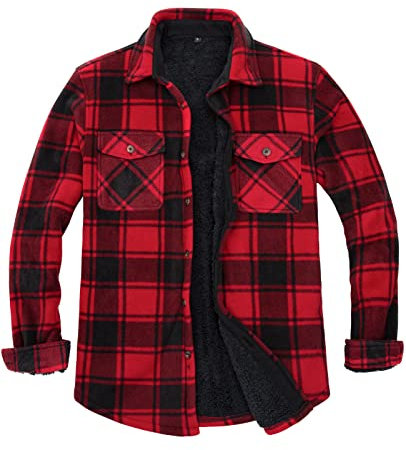 Zenthace Veste-chemise en flanelle à carreaux entièrement doublée en polaire sherpa chaud pour homme, rouge/noir, XX-Large