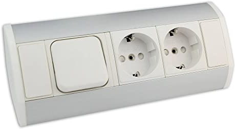 Möbel-Steckdose weiß mit 2x Schuko + Lichtschalter - hochwertige Ecksteckdose aus Aluminium ideal für Arbeitsplatte, Tischsteckdose oder Unterbausteckdose Steckdosenelement