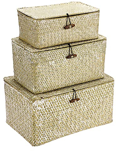IGNPION Set of 3 Seagrass Lidded Storage Baskets Rectangular Handwoven Shelf Storage Baskets Decorative Hamper Stakable Toy Organizer Box Natural Woven Multipurpose Organiser Container (Whitewash)