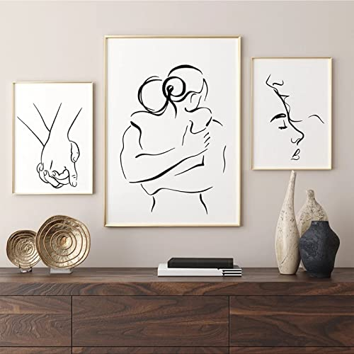 Romantisches Liebespaar Linie Küssen Umarmen Hände Halten 3 Stück Leinwand Gemälde Poster Und Drucke Wandkunst Bilder Für Wohnzimmer Dekor 16X24 Kein Rahmen