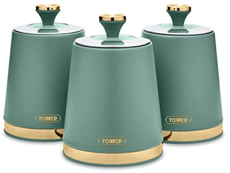 Tower T826131JDE Cavaletto Set of 3 Storage Canisters for Coffee/Sugar/Tea, Steel, Jade Green and Champagne Gold