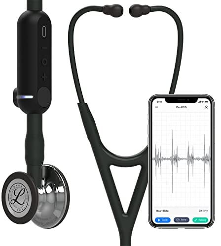3M Littmann CORE Digital-Stethoskop, hochglanzpoliertes Bruststück, schwarzer Schlauch, Schauchanschluss und Ohrbügel, 69 cm, 8869