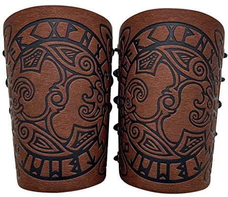 2 Stücke Lederarmstulpen mit Krähenprägung, mittelalterliche Armrüstung, brauner und schwarzer Wikinger-Armschutz, Herren-Lederhandschuh-Armband LARP-Zubehör (Braun)