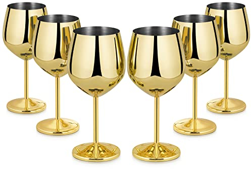 Lifecapido Edelstahl Weingläser 6er Set, 510 ml Edelstahl Weinkelche, Stiel Metall Weingläser mit Tassenbürste für Party Büro Hochzeit Jahrestag, ideal für Rotwein (Gold)