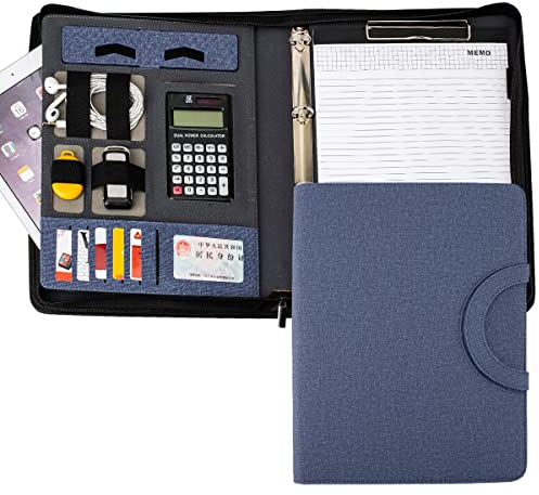Porte Document Homme Femme, Organiseur de Conférence, Dossier, Fabriqué à partir de cuir PU (avec calculatrice, bleu)