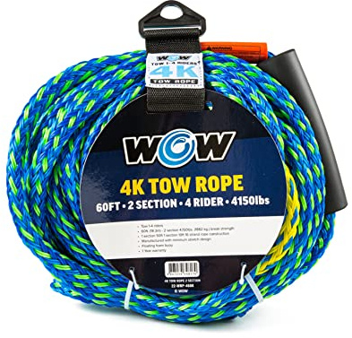 WOW Sports Towing Rope for Wakeboard, Water Ski and Wakesurf, 4-Rider 4K Tow Rope with 2 Sections, 60'