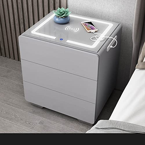 LIOONS Smart Nightstand with Fingerprint Unlock, Wireless Charging, 3 Drawers, LED Tri-Color Light, Bluetooth Speaker, 50*40*56/20*16*22in, Light Gray