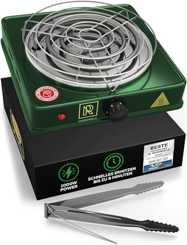 M. ROSENFELD Elektrischer Kohleanzünder - Grün Shisha Kohleanzünder 1000W + Edelstahl Zubehör Set - Schnell, Sicher & Zuverlässig für Kokos-, Holz- & Bambuskohle
