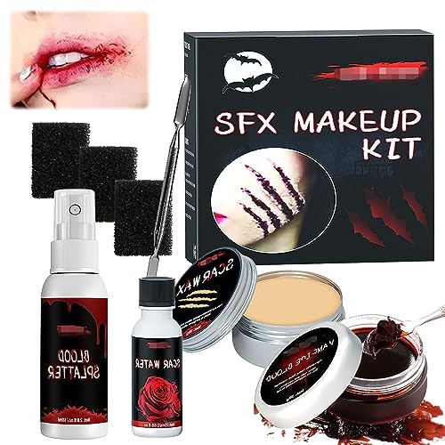 GAROMIA Halloween Kunstblut Set Halloween Schminke Makeup Spezialeffekt Hautwach Fake Gefälscht Blut Schwamm für Gefälscht Narben Wound Bilden Wound Modeling Scar für HalloweenThema Party Cosplay