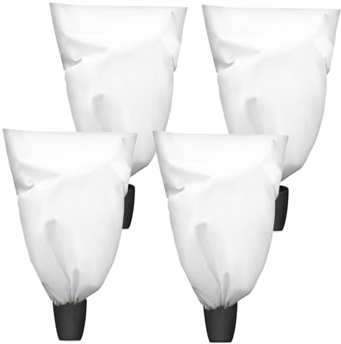 Plant Fleece Frost Protection for Outdoor Plants, 4 Pack 100cm x 150cm Plant Frost Cover Bags Jackets Garden Fleece with Drawstring, Horticultural Fleece for Plants Shrub, Olive Tree Covers for Winter