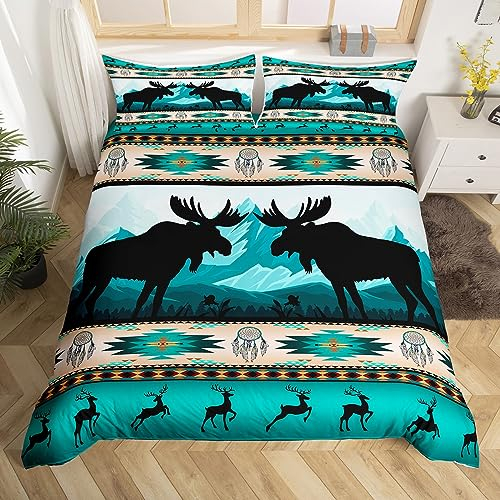 Elch Deer Bettwäsche Set Ethnische Tribe Pfeil Aztekische Tröster Abdeckung,Afrikanische Tribal Dream Catcher Bettbezug 135x200 Exotische Nordische Südwest Bett,Land Waldtiere Rustikale Western Dekor