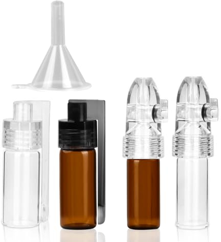 Bezavea Small Storage Bottle, 4 Piece Snuff Bottle Spice Powder Tool with Spoon & Small Funnel, Portable Tiny Storage Bottle, Pocket Bullet Vial, Leak-Proof and Waterproof for Storing Spices
