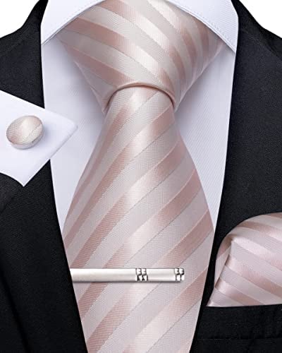 DiBanGu Herren Krawatte, rosa gestreifte Seidenkrawatte und Taschentuch-Set, Krawattenklammer und Manschettenknöpfen mit Geschenkbox für Hochzeit Party