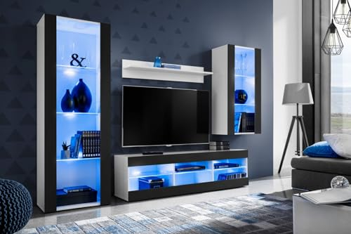 Komodee Wohnwand Wohnzimmerset Tivoli Medio, Schwarz/Weiß, Breite 245cm x Höhe 159cm x Tiefe 35cm, LED Blau, für Wohnzimmer, Schlafzimmer