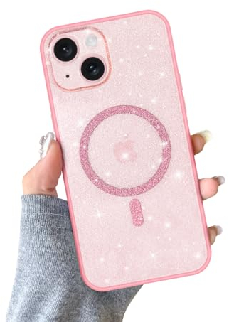 Glitzer iPhone 15 Hülle für Mädchen Frauen [Kompatibel mit MagSafe] Niedliche Magnetische Handyhülle iPhone 15 Transparente Slim Stoßfeste Kameraschutz Bumper Cover für iPhone 15-Rosa