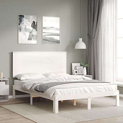 vidaXL Massivholzbett, Bett mit Kopfteil, Doppelbett Holzbett für Schlafzimmer, Bettrahmen Bettgestell mit Lattenrost, Weiß 140x200cm