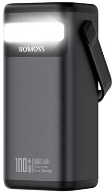 ROMOSS PMT60 60000mAh Metal Power Bank w/Carry Handle, 100W Dual-Way Fast Charge, 4.5H Recharge, 2500 Cycles, USB-C PD for Laptop Phone Tablet, Emergency Light
