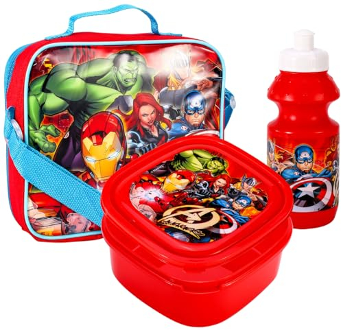 3 Piece Avengers Kids Lunch Bag with Sandwich Box & Drinks Bottle Childrens Character School Travel Set