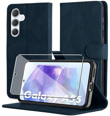 Byvuwiay Cover per Samsung Galaxy A55 5G, Slot per Schede, Chiusura Magnetica, Premium PU Pelle Portafoglio Custodia per Samsung Galaxy A55 5G, Blu