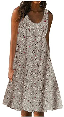 YAOJIWANG Robe D'Été En Lin Pour Femme, Col Rond, Sans Manches, Grande Taille, Longueur Midi, Gilet Pour Femme, Tenue De Travail, Chic, Élégant, Décontracté, Couleur Unie, Jupe À Larges Bretelles