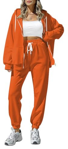 Sovoyontee Damen Trainingsanzug Zip Up Hoodie Sweatsuits 2-teilige Jogger Sets mit Taschen Orange S