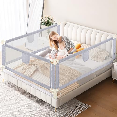 Ikodm Bettgitter Rausfallschutz 200CMx2+180CMx1 Bettschutzgitter Kinderbettgitter, Kinderbettschutzgitter für Kinder & Elternbetten, Höhenverstellbar 64-96cm mit Luftiges Netz, Stabile, Grau