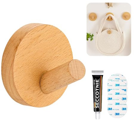 Jisrcha Holz Wandhaken, 4 Stück Selbstklebend, Rund, Handtuchhalter Ohne Bohren, Buche
