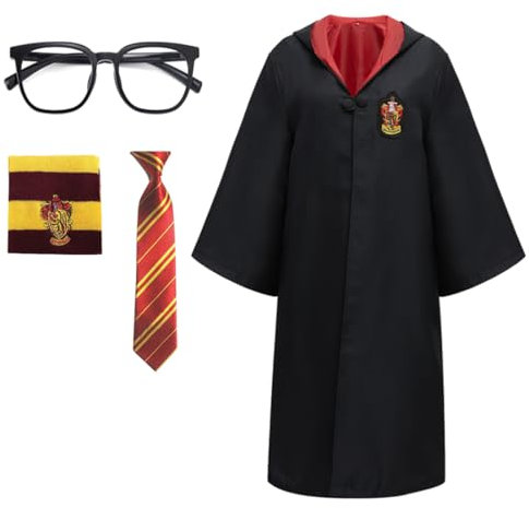 Capaneus Zauberer Kostüm Kinder, Magier Robe, Zauberer Umhang Kostüm set für Kinder Erwachsene, mit Krawatte, Schal und Brillen, Unisex Uniform College Kostüm für Karneval, Halloween
