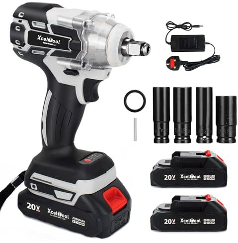 Funnyway Cordless Impact Wrench, 1/2 Brushless Power Impact Gun 20V 550N.m Adjustable Torque with 2X 2.0Ah Battery, 4 Sockets, Fast Charger for Car Home (Black(2 Batteries))