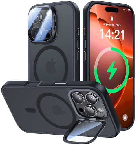 VOFATA [Upgraded] for iPhone 16 Pro Case with Camera Cover Stand [Fit for MagSafe][9H Camera Lens Protector] Mil-Grade Protection Translucent Matte Magnetic iPhone 16 Pro Phone Case, Black