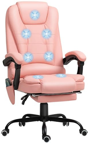 Vinsetto Bürostuhl mit Massagefunktion, ergonomischer Chefsessel mit Liegefunktion, höhenverstellbar drehbar Schreibtischstuhl mit Fernbedienung, Seitentasche, Kunstleder, Rosa