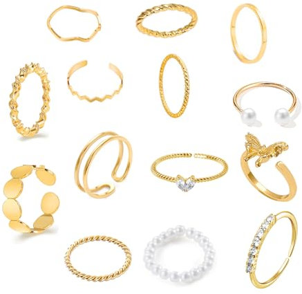 GoPaw 14 Stücke Vintage Ringe Gold Damen Boho Stapelbare Vintage Ringe Knuckle für Mädchen Damen Schlange Kristall Perle Gold Ring Punk Ring Set (Golden Satz #C)